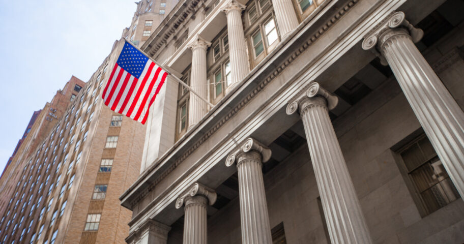 New York Stock Exchange in Manhattan Finance district. View of the building in the sky